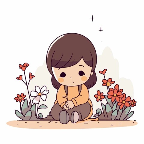 Cute little girl sitting on the ground with flowers.