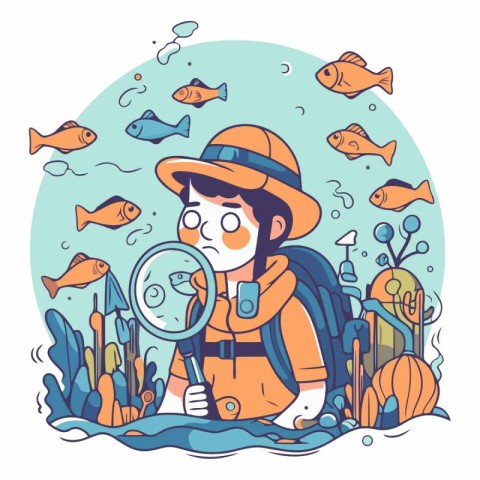 Fisherman with a magnifying glass in cartoon style.