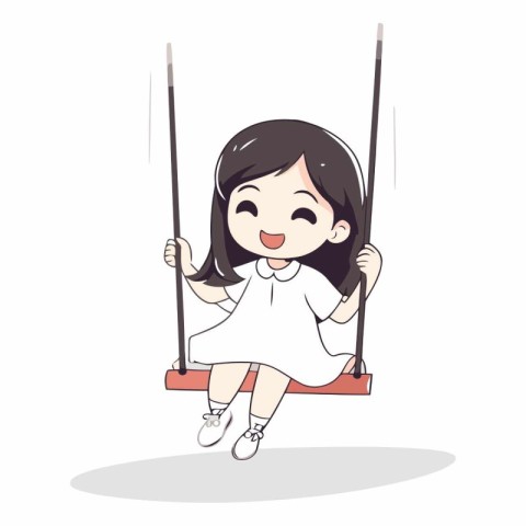 Cute little girl swinging on a swing. Vector cartoon illustratio