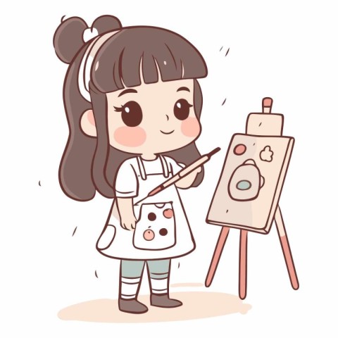 Girl painting on easel. Cute cartoon character vector illustrati