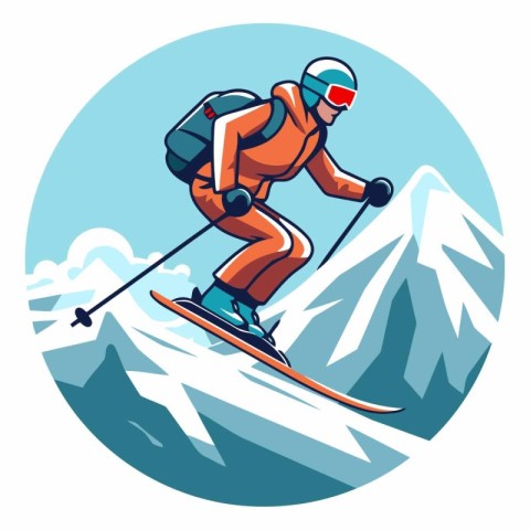 Skier skiing on snowy mountains in cartoon style.