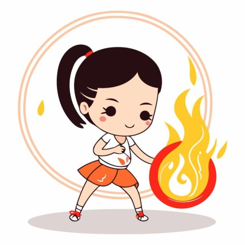 Cute little girl playing with fire. Cute cartoon vector illustra