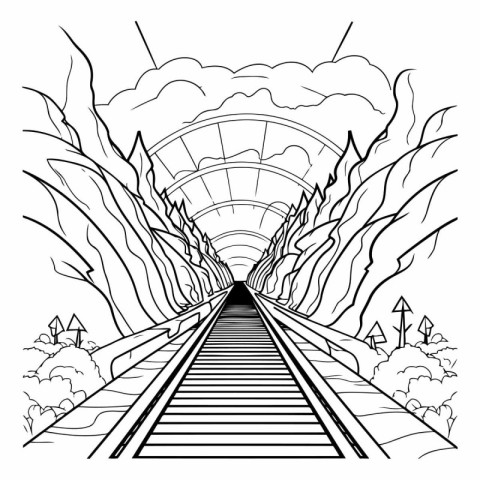 Train tracks in a tunnel. Line art vector illustration for color