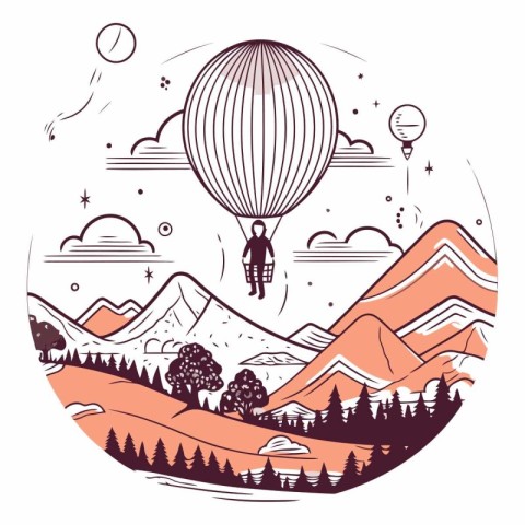 Vector illustration of mountain landscape with hot air balloon i