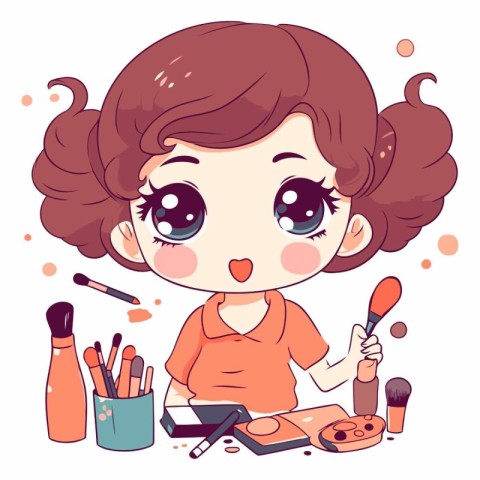 Cute little girl applying cosmetics in cartoon style.