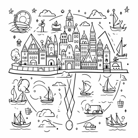 Coloring book for children of a set of hand-drawn elements.