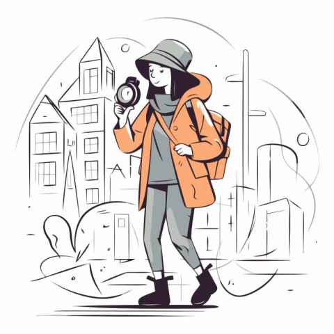 Vector illustration of a tourist in a coat and hat with a camera