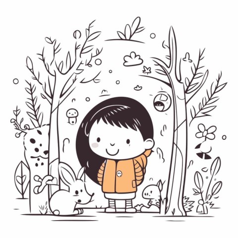 Cute little girl in the forest. Vector hand drawn illustration.