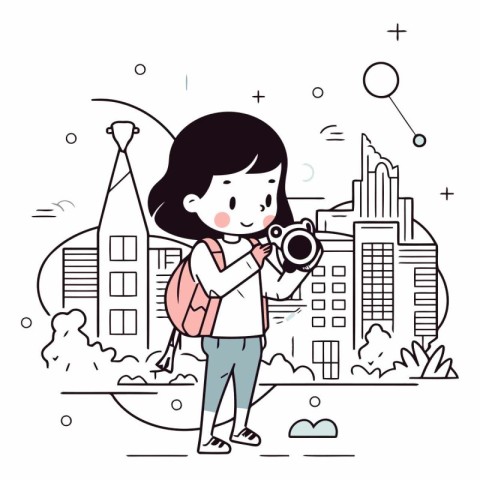 Illustration of a girl taking a picture of a city with a camera