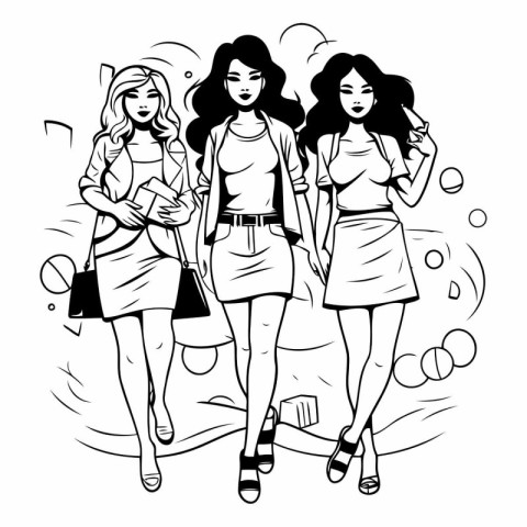 Fashion girls in sketch-style. Girls in fashionable clothes.