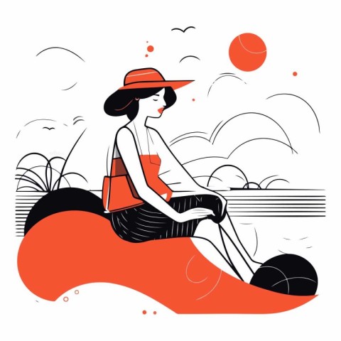 Woman in hat sitting on the beach in flat style