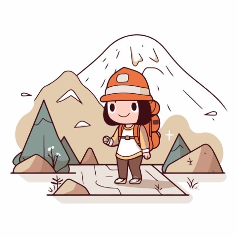 Cute cartoon girl with backpack on the mountain.