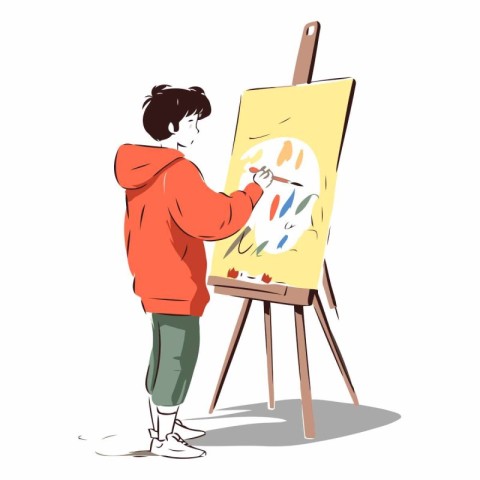 A boy draws a picture on the easel.