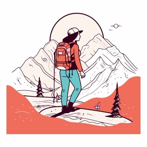 Vector hand drawn illustration of a hiker with a backpack standi