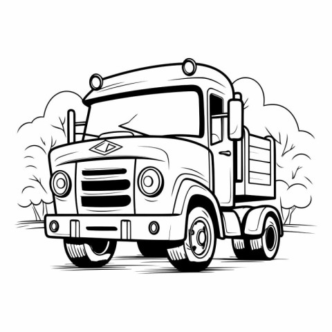 Black and white illustration of a pick up truck on a road.