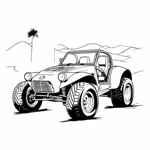 Off-road car on the road. Black and white vector illustration.