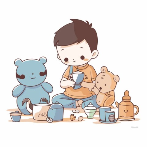 Illustration of a Little Boy Playing With His Teddy Bears and Dr