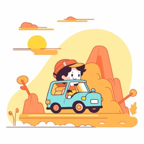 Cute boy travelling by car in cartoon style.