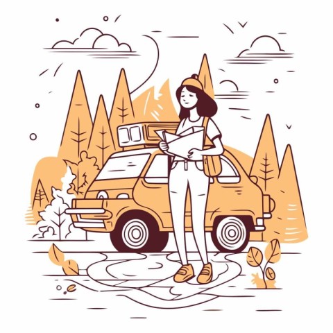 Girl with map and car on the road in linear style