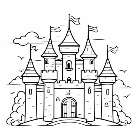 Cartoon castle on white background for coloring book.