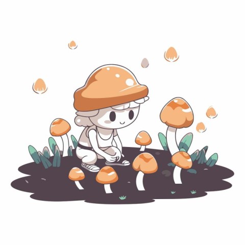 Illustration of a Cute Little Mushroom Boy Sitting on the Ground