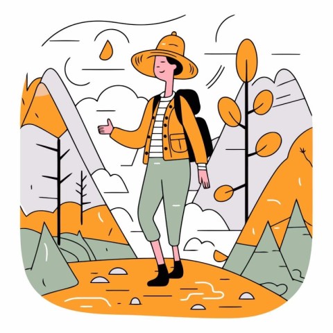 Vector illustration of a girl in a hat and a backpack walks thro