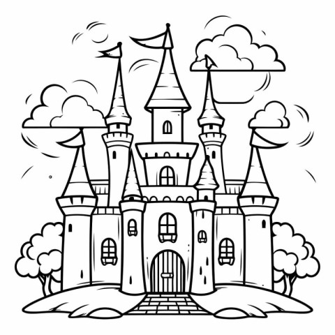 Cartoon castle. Fairy tale castle for coloring book