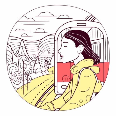 Woman on the train in the city in a linear style.