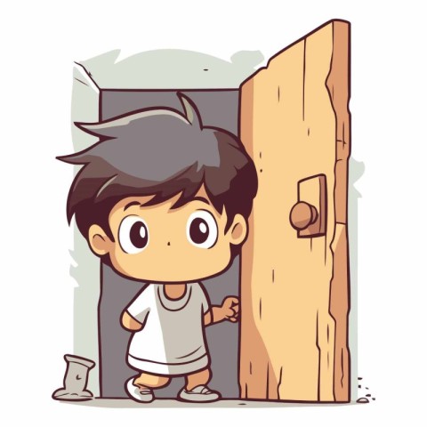 Boy coming out of the door. Cute cartoon vector illustration.