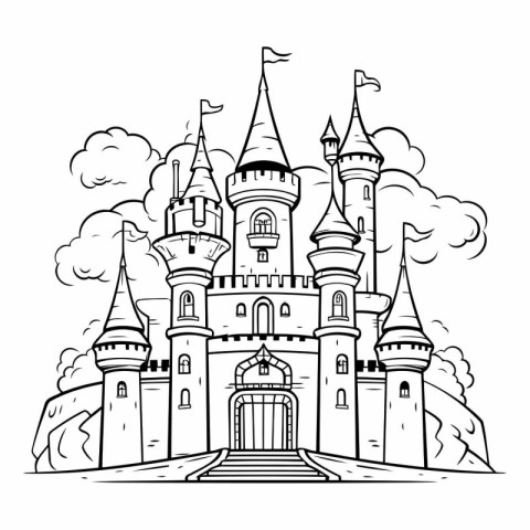 Fairytale castle. Fairytale castle. Black and white vector illus