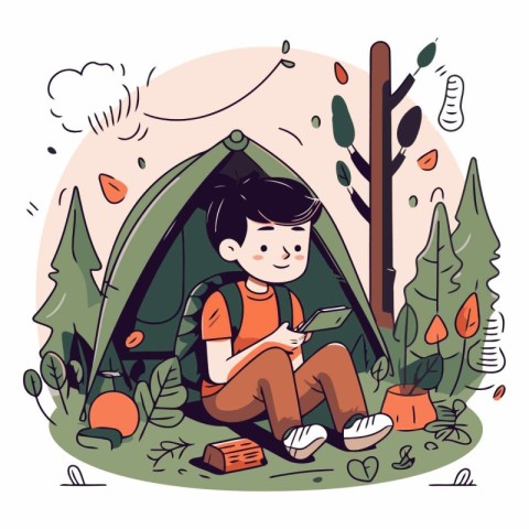 Boy sitting in the camping tent and reading book.