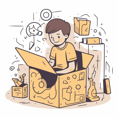 Little boy playing in a box in doodle style.