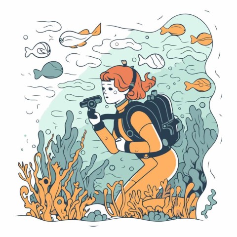 Underwater scuba diving of a woman with a camera.