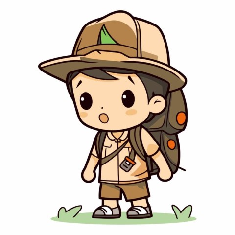 Cute boy scout with backpack in cartoon style.