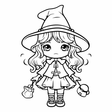 Black and White Cartoon Illustration of Cute Witch Girl for Colo