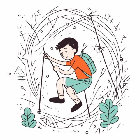 Hiking boy with a backpack in sketch style.