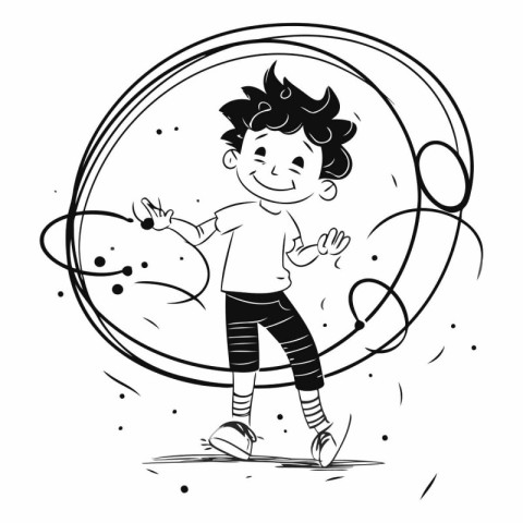 Cute little boy playing in the circle. Black and white illustrat