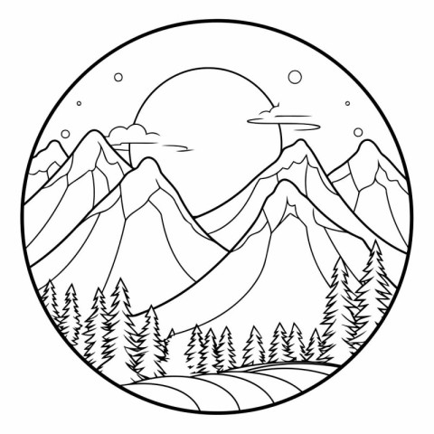 Mountain landscape in black and white. Outline.