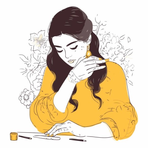 Illustration of a young woman doing her make-up at home