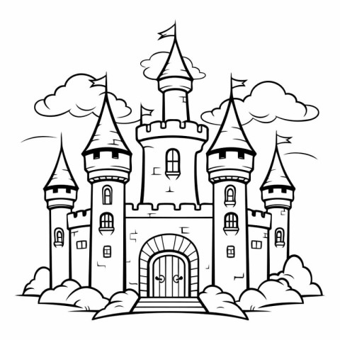 Fairytale castle. Black and white vector illustration for colori