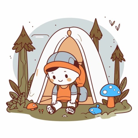 Little boy playing in a tent in the forest.