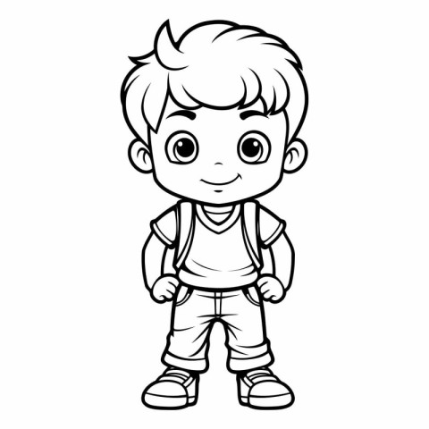 Black and White Cartoon Illustration of Cute Little Boy Student