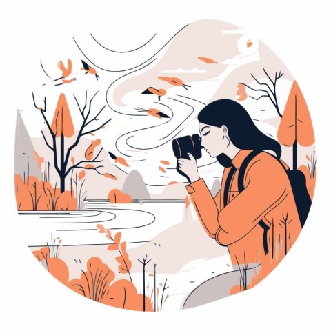 Vector illustration of a young woman taking a photo of autumn la