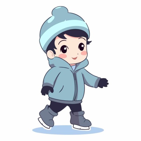 Cute little boy in winter clothes skating on ice.