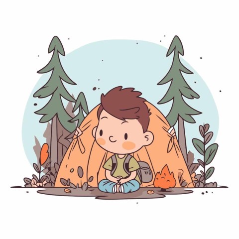 Cute boy camping in the woods in cartoon style.