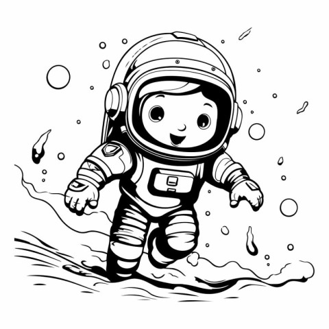 Cartoon astronaut in space suit flying in the sea.