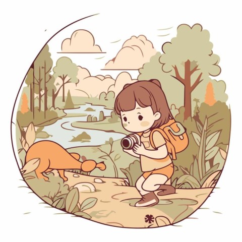 Vector illustration of a girl with a backpack and a camera in na