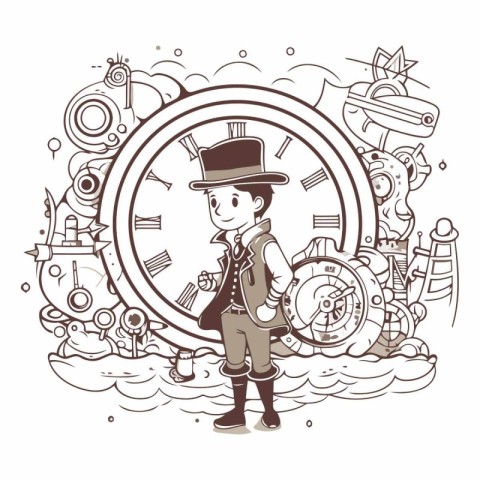 Illustration of a boy in the steampunk style with the clock