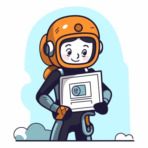 Astronaut in helmet holding a laptop and smiling.