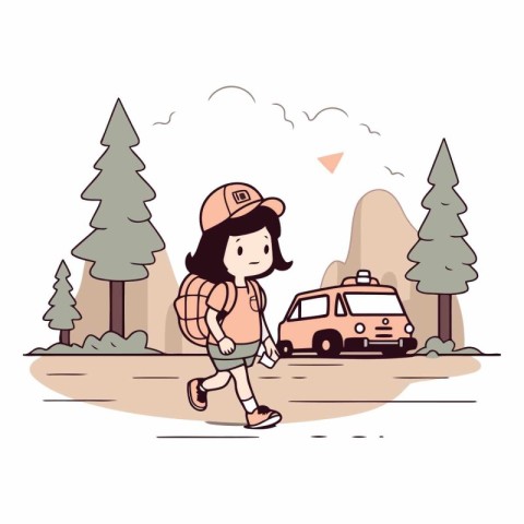 Vector illustration of a girl with a backpack and a car on the r